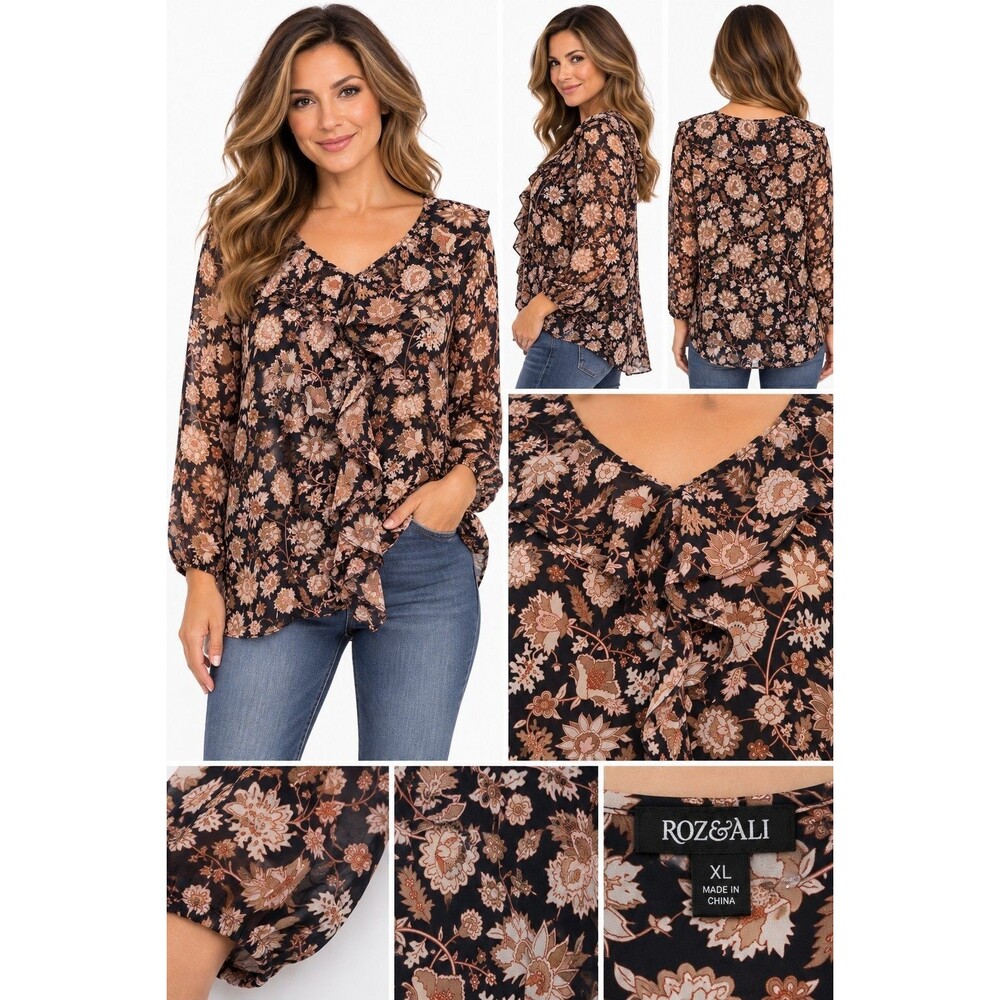 Roz & Ali Women’s XL Black Floral Blouse Ruched Ruffle Front 3/4 Sleeve